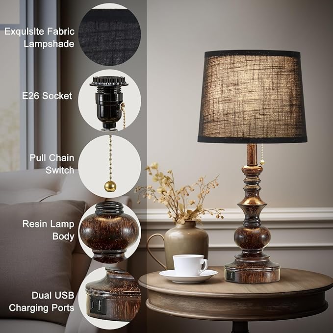 22'' Bedside Lamps for Bedroom Set of 2 Rustic Farmhouse Nightstand Lamps with USB A+C Charging Ports Traditional Table Lamps for Living Room Office, Wooden Finish, Black, Bulbs Not Include