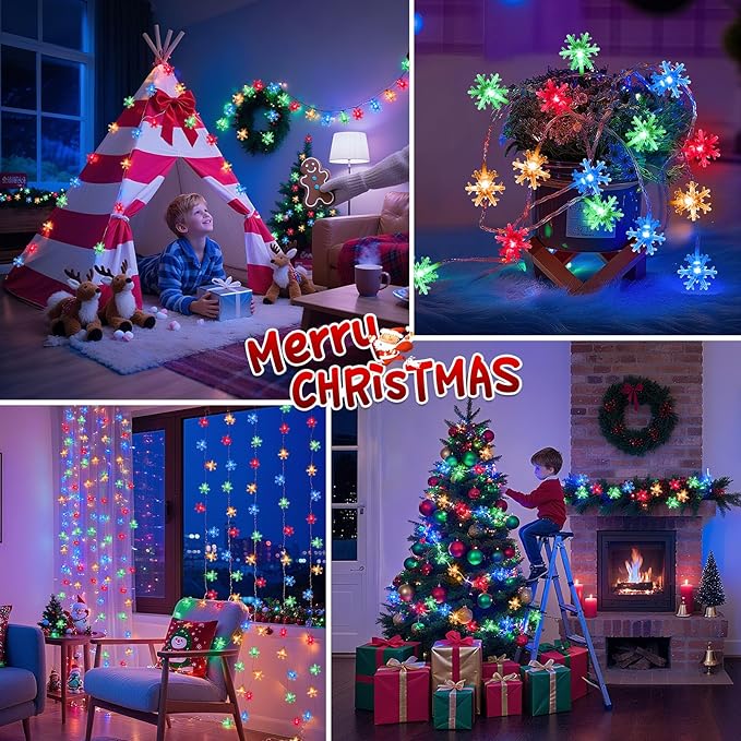 Christmas Lights Indoor Multicolor, 20FT 40 LED Colored Snowflake String Lights Battery Operated, Rechargeable Fairy Lights with 8 Modes & Timer for Bedroom Party Home Xmas Tree Decorations Multicolor