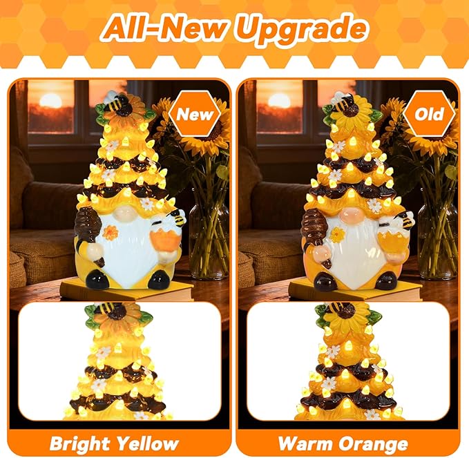 Timer - Spring Bumble Bee Gnomes Decorations Lighted Up Gnome Ceramic Tree, Rustic Farmhouse Kitchen Table Bee Decor, Summer Sunflower Home Decor Gifts