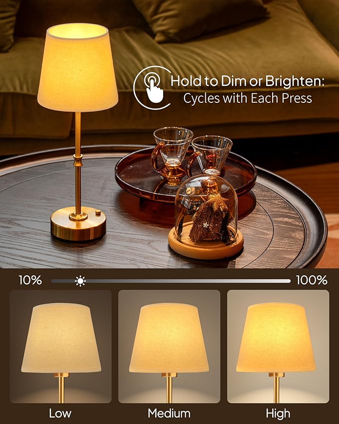 EppieBasic Cordless Table Lamp Rechargeable: Fast Charging & Long Lasting - 2700K Warm Light Vintage Gold Lamps - Dinning Living Room Bedroom - Beige Shade