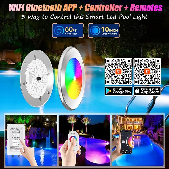 60W 10 Inch Smart LED Pool Lights - WiFi APP/Remote/Controller Control, Multicolor Changing Underwater Lighting for Inground Pools, Large 10" Wet Niches Compatible - 60Ft