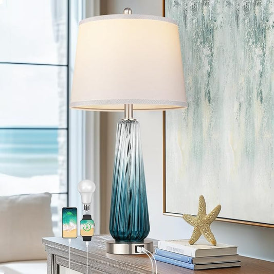 Glass Table Lamps for Living Room, Modern Bedside Lamps with USB A+C Ports, 3-Way Dimmable Touch Control Nightstand Lamp with White Linen Shade, 27.5" Large Lamps for Bedrooms Decor, Teal, 1 Pack