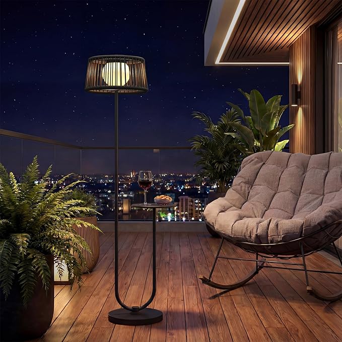 Solar Yard Outdoor Floor Lamp with Side Table, U-Shaped Modern Metal Outdoor Lamp, 3000K Warm White, IP56 Waterproof, Patio Garden Deck Balcony Coffee Table Light, Black