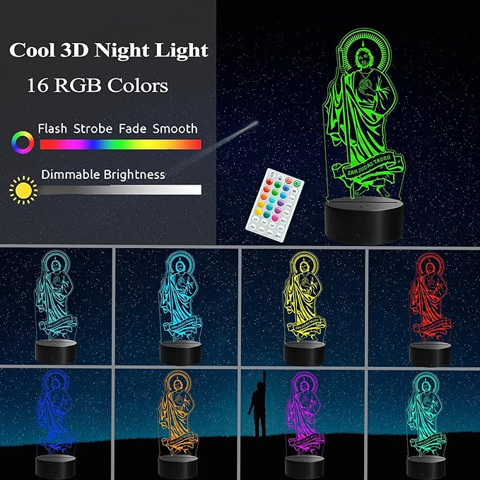 San Judas Tadeo Night Light, Judas Tadeo Decor, 3D Illusion Lamp with Remote Control, 16 RGB Colors, 4 Flashing Modes, Timer, Kids Room Decor