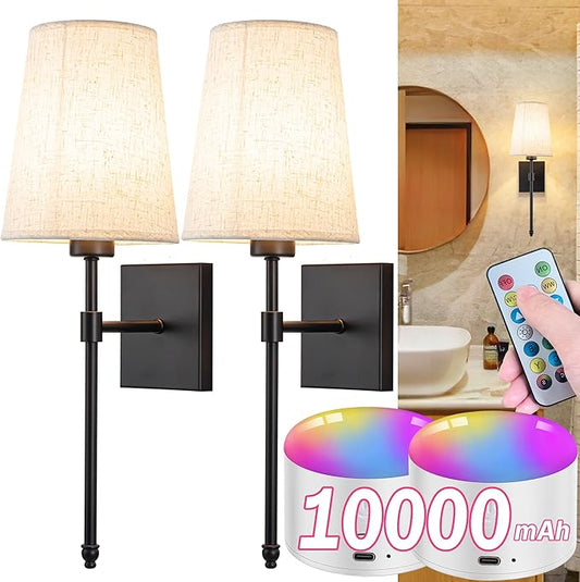 Battery Operated Wall Sconce Light Set Of Two, Battery Operated Sconces Wall Lighting Indoor Wireless Wall Sconce With Remote Control, Dimmable Battery Wall Lamp With 3CCT Bulb For Bedroom Living Room