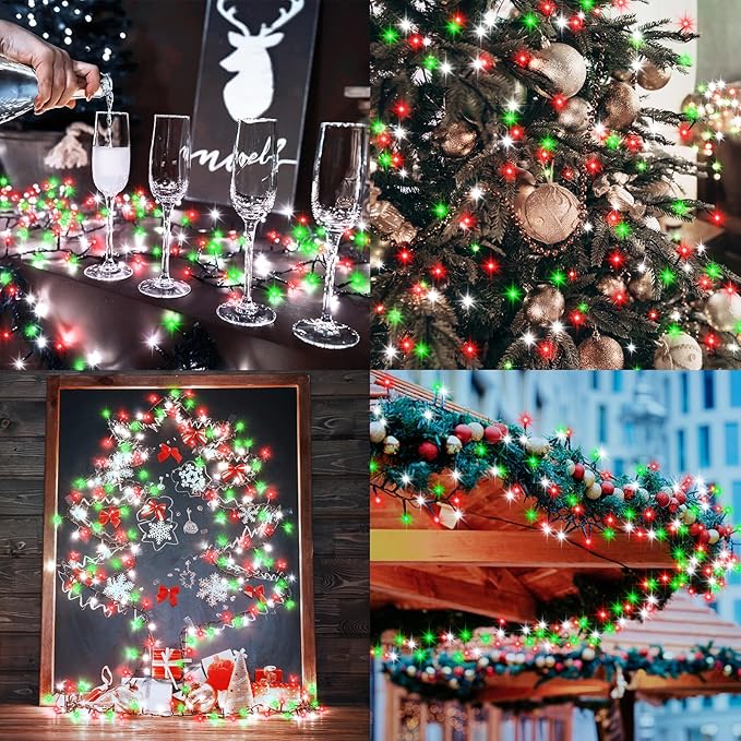 2 Pack Christmas Lights Red White Green, Total 20Ft 400 LED String Lights with Timer 8 Modes Cluster Firecracker Light for Tree Room Garden Outdoor Decor