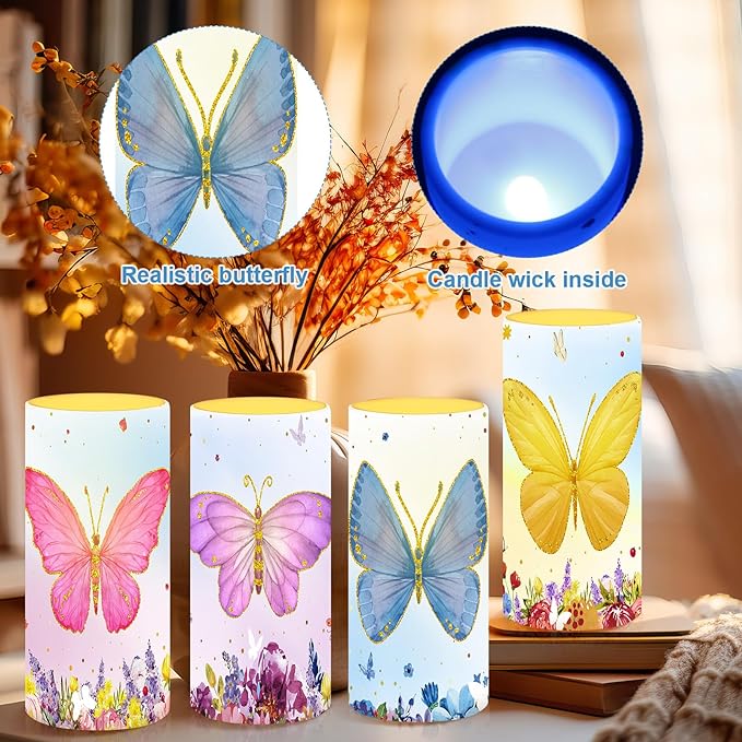 Tiamon Butterfly Flameless Candles Led Butterfly Candles Battery Operated Purple Flickering with 18-Key Remote Timer Pillar for Garden Flower Plants Party Table Decorations