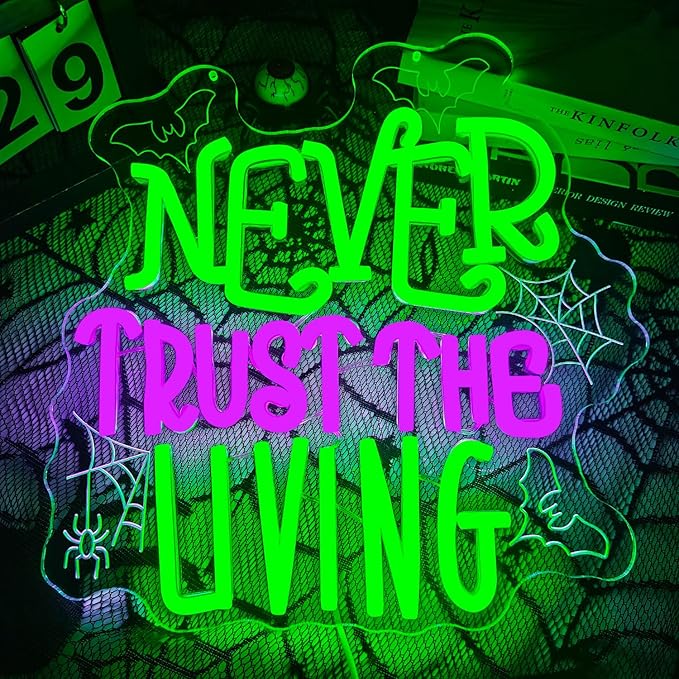 Ajoyferris Never Trust The Living Neon Sign Halloween Neon Signs for Wall Decor Dimmable Tombstone Led Sign Gothic Haunted House Neon Lights for Windows Halloween Party Decor
