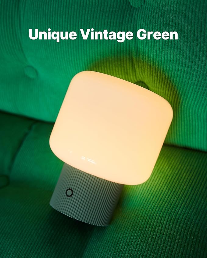 Halo Mushroom Lamp, 5W Cute Cordless Rechargeable Table Lamp with Glass Shade, 3 Color Temps LED Dimmable Ambient Lighting, Small Retro Touch Bedside Light for Bedroom Decor, Vintage Green