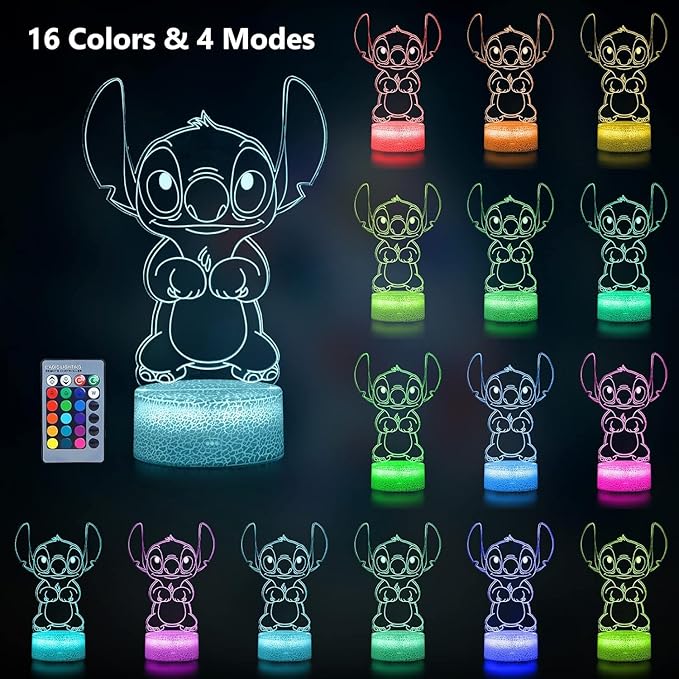 Hoofun Stitch Night Light with Timer & Memory,【2025 New Upgraded】 16 Color Changing LED Lamp,Touch & Remote Control, Stitch Gifts for Girls, Kids, Boys,Cute Bedroom Decor for Birthday Christmas Party