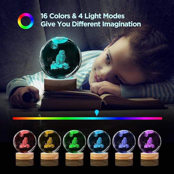 3D Owl Crystal Ball Night Light with Remote Upgraded 3.15 in Owl Figurines Glass Ball Lamp with 16 Color Wooden LED Base Owl Snow Globes Decor Gifts for Kids Teens Women