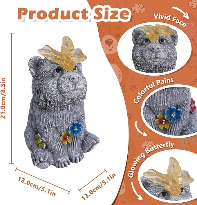 Solar Baby Bear Garden Statue with Butterfly Light - Cute Bear Cub Figurine Decor with Flower Accents - Outdoor Decor for Patio Lawn - Christmas Housewarming Birthday Gifts for Grandma Mom Women