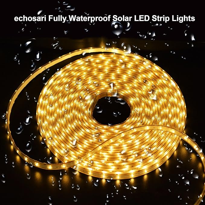 echosari 32.8Ft Solar Strip Lights Outdoor, IP68 Fully Waterproof LED Strip Lights with Timer Remote Auto ON/Off, Self-Adhesive Strip Lights for Camping Pool Patio Decor (Warm White)