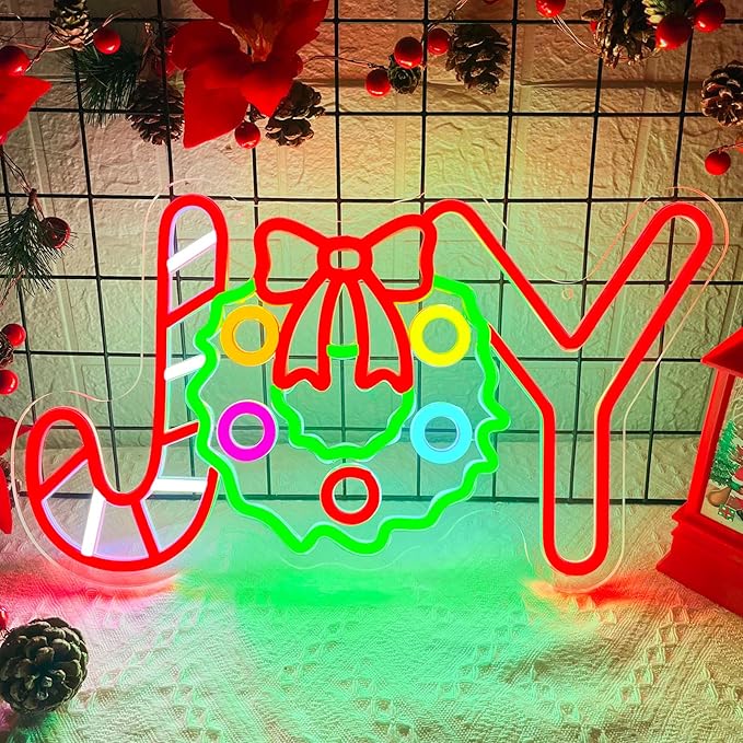 Christmas Neon Sign Christmas Joy Neon Light Signs Wreath Light Sign for Wall Decor Dimmable USB Powered LED xmas Candy Light Up Sign for Bedroom Living Room Holiday Parties Festival Bar Shop