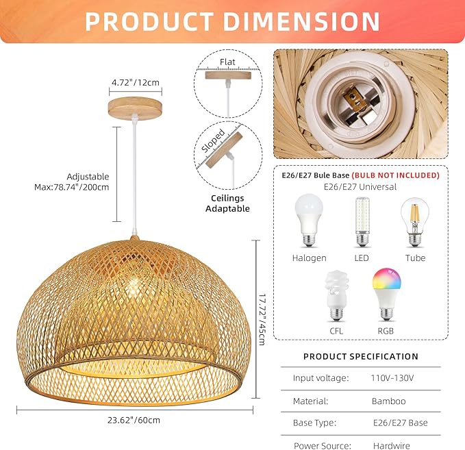 Arturesthome 23.6" Weaving Bamboo Pendant Light for Kitchen Island, Wicker Chandelier, Handmade Woven Hanging Ceiling Light Lampshade for Living Room Bedroom