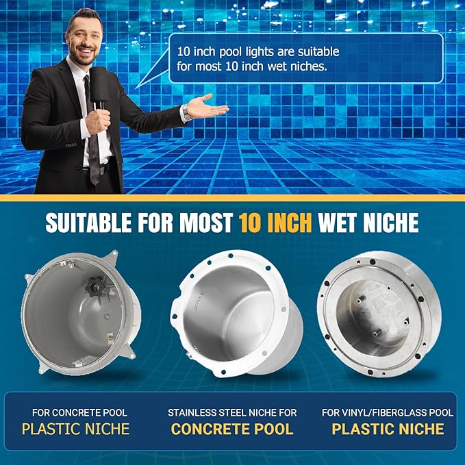 120V Pool Light for Inground Pools, 10 Inch LED Pool Lights with 50FT Cord, Underwater Swimming Pool Lights Suitable for 10 Inch Wet Niche, Input AC120V, 35W, White Light Pool Light