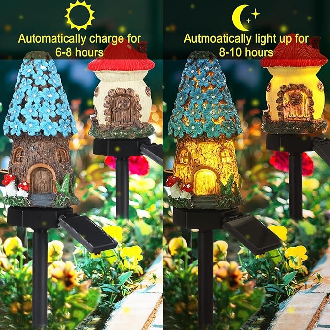 2 Packs of Solar Powered red and Blue Mushroom House Floor Lights, Garden Decoration Resin Cute House Mushroom Lamps, Wireless Dusk to Dawn LED Lights Waterproof.