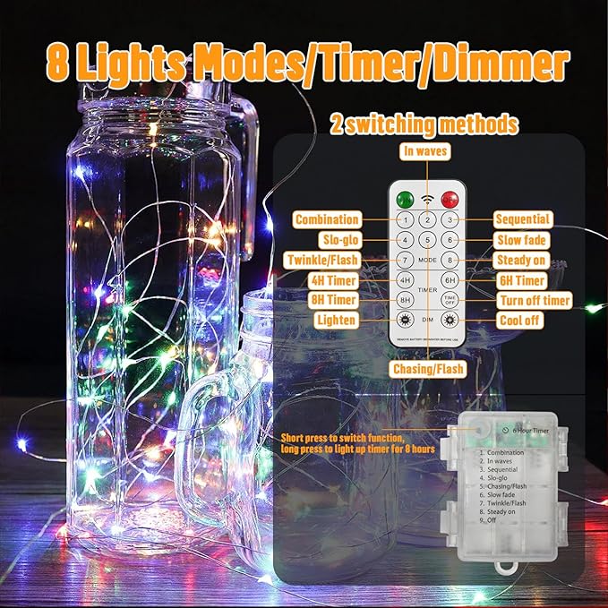 LAMPHOME 100 LED 33FT Multicolor Fairy Lights Battery Operated with Remote, Mini Starry String Lights Multi Functions & Timer,Twinkle for Christmas Home Bedroom Wedding DIY Centerpiece Decor