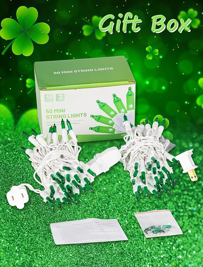 Hopolon St. Patrick's Day String Lights,2 Pack 13FT 50Count Green Mini Lights White Wire,Incandescent Christmas Tree Lights Connectable for Indoor Outdoor Holiday Patio Party Home Decorations