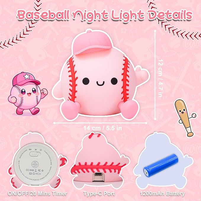 Softball Night Light, Gift for Girls Softball Players, Silicone Rechargeable Nursery Dimmable Baseball Lamp, Soft Touch Sports Themed Nightlight, Cute Room Decor Birthday Gift for Kid Teen Athlete