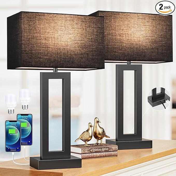 Seealle 22" Tall Living Room Lamps for Night Stands - Touch Bedside Lamp with USB C+A, 3 Way Dimmable Bedroom Lamps for End Tables Set of 2, Modern Night Stand Lamps for Bed Side(Black&Black)