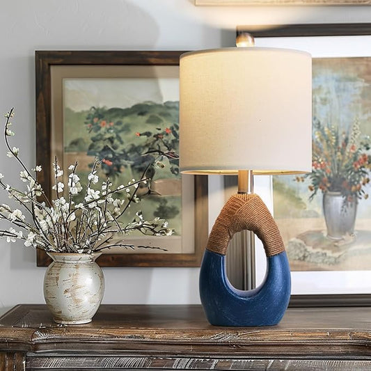 OYEARS 19" Boho Lamp for Bedroom, Bedside for Nightstands, Table Lamp for Living Room,Suitable for Small Space,Coastal Farmhouse, End Table, Rattan Nautical Beach Style, Blue,1 Pack