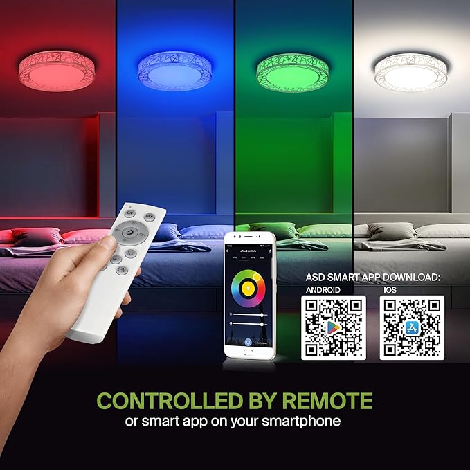 ASD 12 Inch Smart RGBW Flush Mount Ceiling Light with Remote - Brushed Nickel 20W 120V 2700-6500K Dimmable Ceiling Light Fixture, WiFi App Control RGB Lights, Alexa & Google Assistant - ETL, 4 Pack