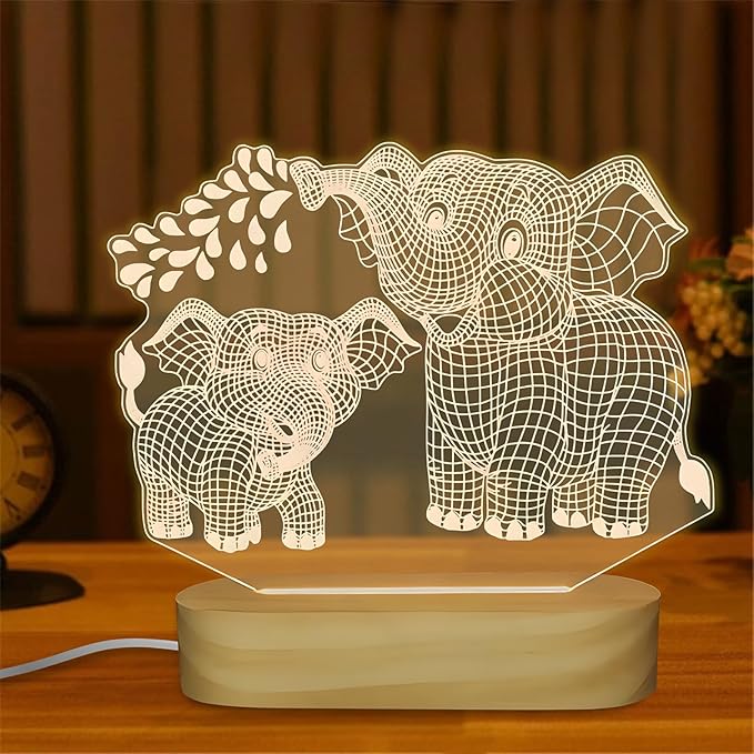 Elephant Shape 3D Crystal Acrylic Light with Wood Stand, LED Night Light for Kids Room Decor, Gift for Mom on Birthday or Holiday, Home Decor Art Display