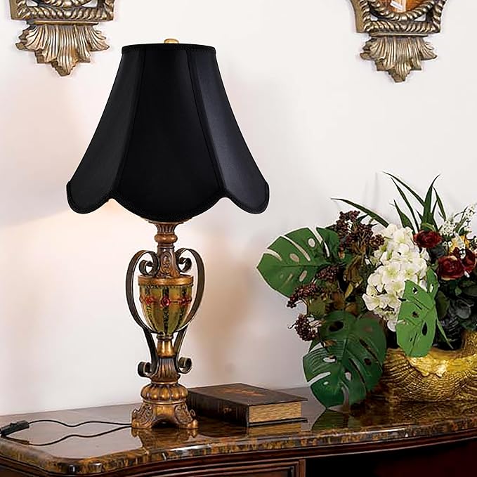 GO&SO Black Bell Lamp Shades (Petal Edge Braid) Scalloped Lamp Shade,6"Top x 13"Bottom x 10.6"Vertical Height (Spider) Replacement Fabric Lamp Shades for Table Lamps,Floor Lamp Cover,Easy Assembly