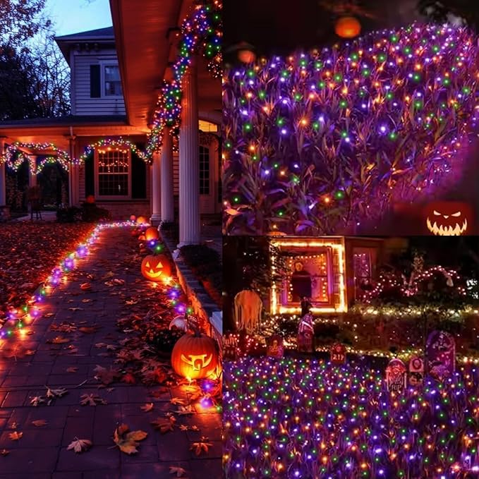 LAMPHOME 66ft Halloween Decorative Mini Lights, 200 LED Brown Wire Fairy Starry String Lights Plug in, 16 Lighting Modes for Halloween Outdoor Party Decoration (Orange/Purple/Green)