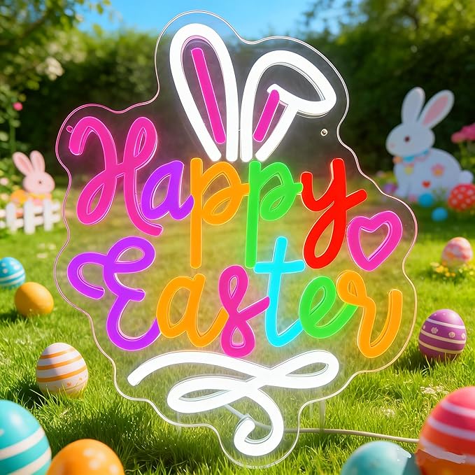 Happy Easter Neon Sign Easter Neon Bunny Neon Led Light Wall Decoration Party Home Room Decoration Gift for Children