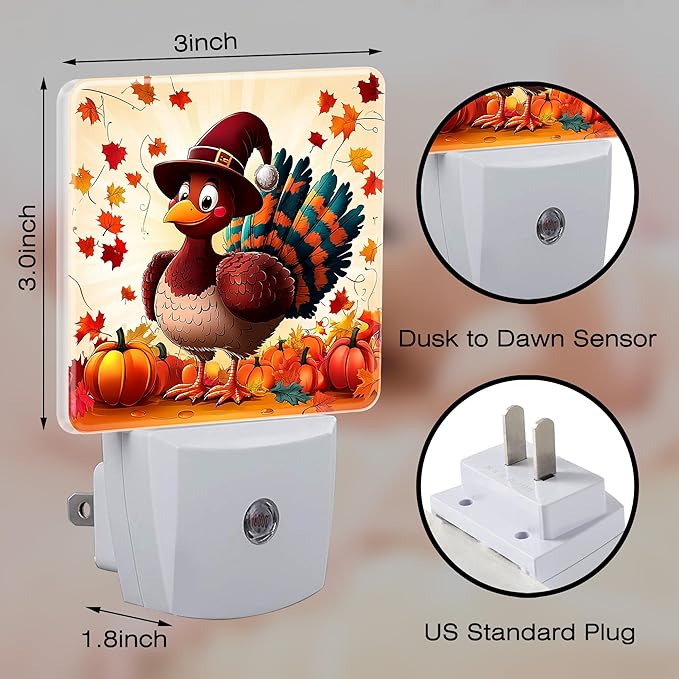 Fall Thanksgiving Cute Turkey Night Light for Kids, Dusk-to-Dawn Auto Sensor Plug in Night Light, 0.5W Energy Saving Non-Toxic Design for Bedroom/Bathroom, Ideal Gifts for Women, Men & Kids