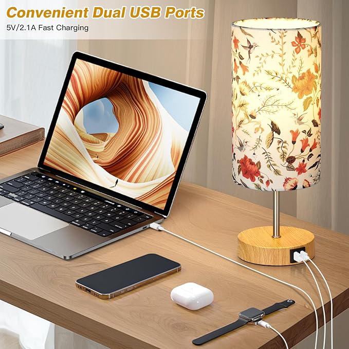 Bedside Touch Lamp with Flower Fabric Shade, 3 Way Dimmable Wood Bedroom Lamp for Nightstand with 2 USB Charging Ports, Small Table Lamp for Living Room Reading Desk (LED Bulb Included)