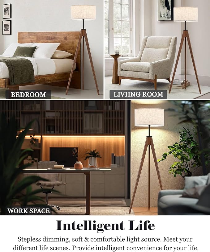 ELYONA Ash Wood Tripod Floor Lamp Stepless Dimmer & Color Temperature, Remote Control Mid Century Modern Coner Standing Lamp Linen Shade for Living Room Bedroom Office, LED Bulb Included, Walnut