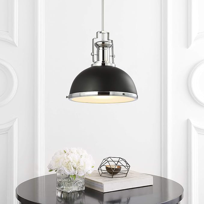 JONATHAN Y 13" Black/Chrome Modern Industrial Iron LED Dome Pendant Light, Adjustable Hanging Fixture for Kitchen Island or Entryway, Black Metal Shade, LED Bulb Included (JYL9536B)