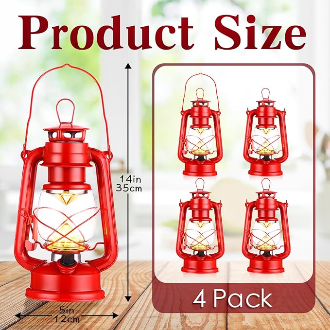Riakrum 4 Pcs Vintage LED Hurricane Lanterns 9.5 Inch Warm White Old Hurricane Lamps Battery Operated Hanging Lanterns with Dimmer Switch for Indoor Table Centerpieces Outdoor(Red)