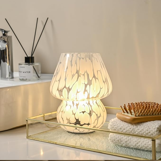 Mushroom Lamp Small Bedside Table Lamp, Battery Operated Mushroom Desk Lamps with LED Bulb, Translucent Glass White Cordless Lamp for Bedroom Nightstand Living Room