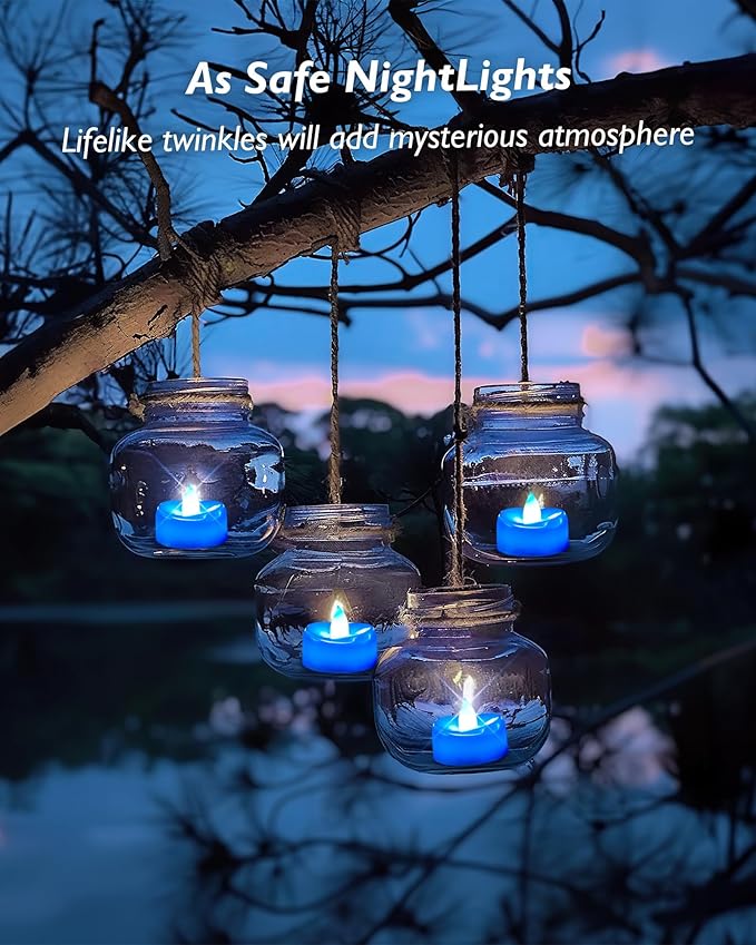 Flameless Candles, 12 Pack Tea Lights Candle Battery Operated, LED Tealight Votives, Realistic Tea Lights for Halloween Christmas Party Decor -D 1.5” x H 1.25” -Blue Light