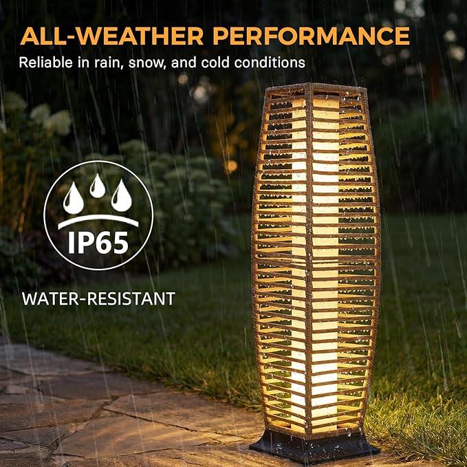 Grand patio 2-Piece Outdoor Floor Lamp Solar Lantern, Water-Resistant Wicker Boho Patio Light with 50/100 Lumens Dual Brightness & Memory Mode for Garden Porch Deck Decor, Large Crossover Natural