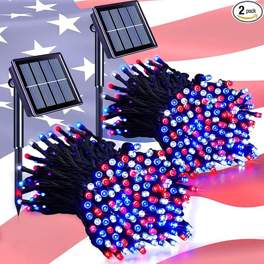 JMEXSUSS 2 Pack Solar String Lights Outdoor Waterproof, Total 400 LED 151FT Solar Christmas Lights Outdoor, 8 Modes Christmas Light for Outside Patio Yard Tree Decorations, Red White and Blue