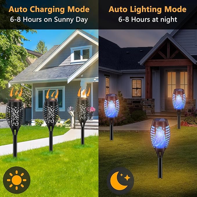 8 Pack Solar-Powered Flashlight Torches for Outdoor use, Dancing and Flickering Flame Torches for Landscape Decoration, Suitable for Paths, lawns, terraces (Blue)