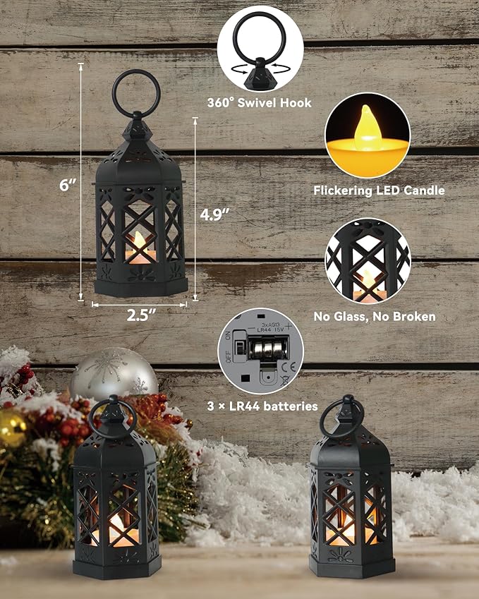 12-Pack Mini Lanterns with Flickering LED Candles for Ramadan, Moroccan Decorative Hanging Lanterns for Halloween, Christmas, Wedding, Black Lantern for Table Centerpiece, Home & Party Decor