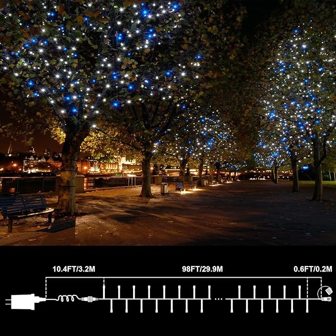 LAMPHOME 99ft Christmas Decorative Mini Lights, 300 LED Transparent Wire Fairy Starry String Light Plug in, 16Lighting Modes for Indoor Outdoor Xmas Tree Wedding Party Decoration (White and Blue)