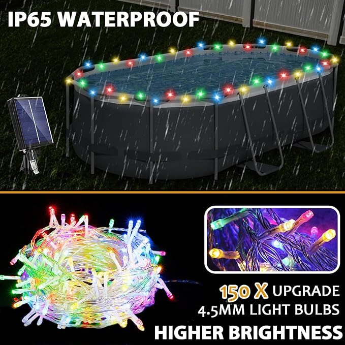 Solar Pool Lights for Framed Above Ground Pools, 56ft String Lights 150Bulbs, IP65 Waterproof Swimming Pool Accessories, Solar Powered with Charging Port, Remote 8 Modes, Outdoor Trampoline Camping