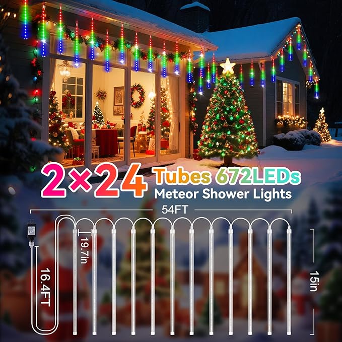 KNONEW 2Pack Total 48 Tube Meteor Shower Lights,15 in 672 LEDs Christmas Lights Outdoor Waterproof Plug in Falling Rain Light for Xmas Tree Wedding Party Garden Holiday Decorations (Multicolor)