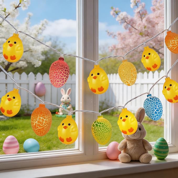 8.5Ft Easter String Lights, 10 LED Multicolored Cracked Eggs and Chicken Fairy Lights, Plug in Waterproof IP44 Spring Garland, UL Listed Outdoor Lights for Easter Home Garden Party Patio Decor