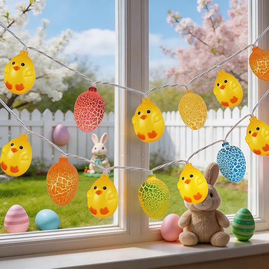 8.5Ft Easter String Lights, 10 LED Multicolored Cracked Eggs and Chicken Fairy Lights, Plug in Waterproof IP44 Spring Garland, UL Listed Outdoor Lights for Easter Home Garden Party Patio Decor