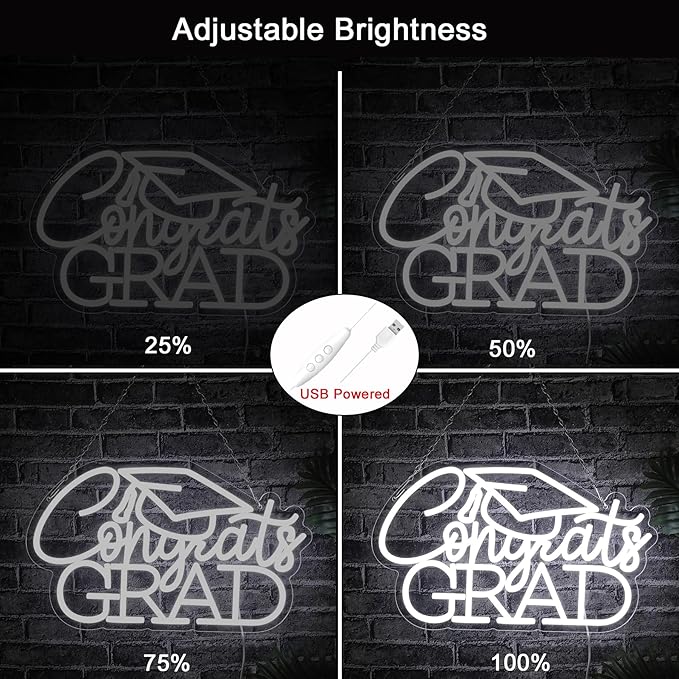 Congrats Grad Neon Sign for 2025 Graduation Decorations,16.5 x 9.9 IN White Dimmable Led Light Congrats Sign for Graduation Party Photo Backdrop Room Dorm Wall Decor Celebration Gifts