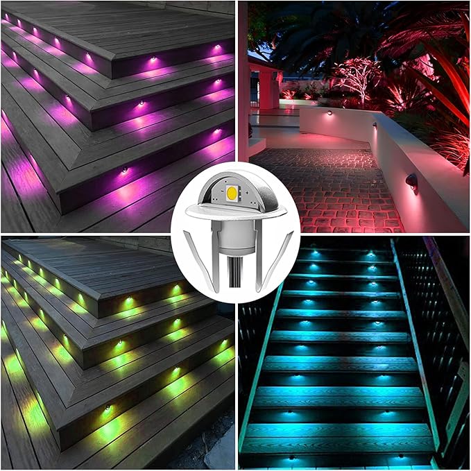 10 Pack LED Stair Lights Kit Outdoor 1-2/5" 0.2W-0.4W Low Voltage Waterproof IP65 Multi-Color RGB Recessed Wood LED Deck Lighting Yard Garden Patio Step Landscape Pathway Decor Lamps(RGB)