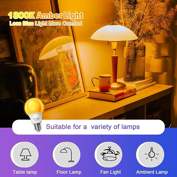 Amber Sleep Light Bulbs, Blue Light Blocking, A19 3W(40 Watt Equivalent) Dim Light Bulbs for Lamp, 1800K Warm Light Bulb, E26 for Healthy Sleep, Bedroom, Kids Room, 2 Pack
